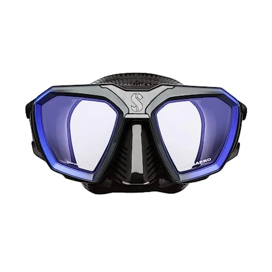 Scuba Diving Mask for underwater use, silicone and tempered glass, blue/black, wide field of view and anti-fog coating