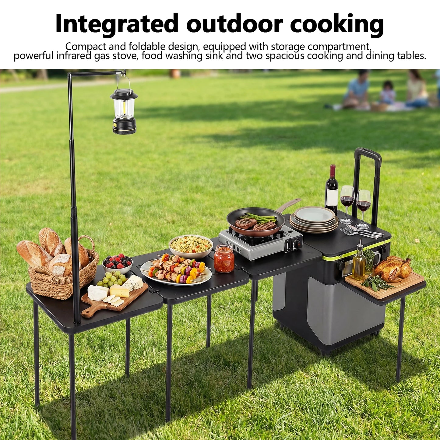 Portable Folding Kitchen Table with Wheels Camping Kitchen Table Cookware Table with Light Poles for RV Tailgating BBQ Picnic