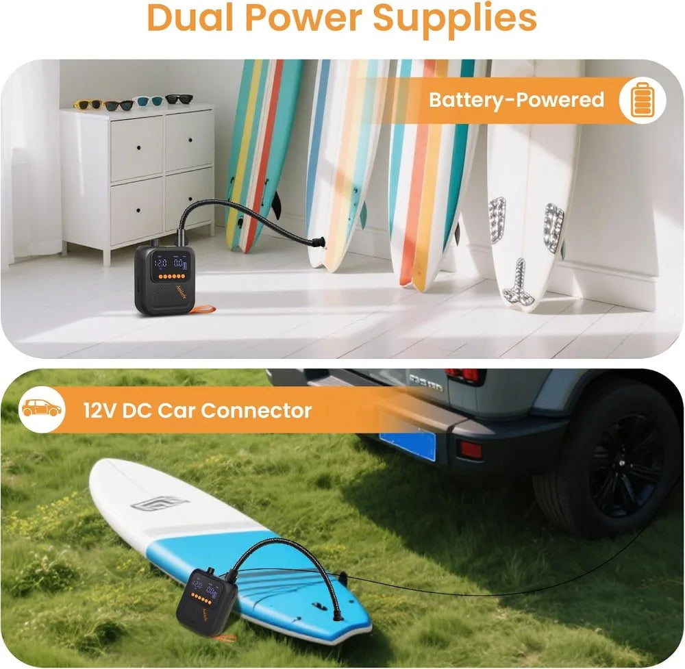 Portable Rechargeable SUP Pump, 20PSI, Auto-Off, Dual Stage, Fast Inflation & Deflation for Paddle Boards, Kayaks, Tents