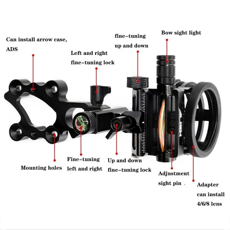 5 Pin Compound Bow Sight with 4x/6x/8x Lens 0.019" Optical Fiber CNC Aluminum Alloy Left/Right Hand Adjustable for Hunting Shooting Target Practice Archery Accessories