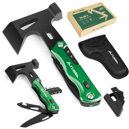 Camping Axe Hammer 14-in-1 Multitool, Hatchet Multi Tool Stainless Steel with LED Light, EDC Hiking Survival Multi Functi
