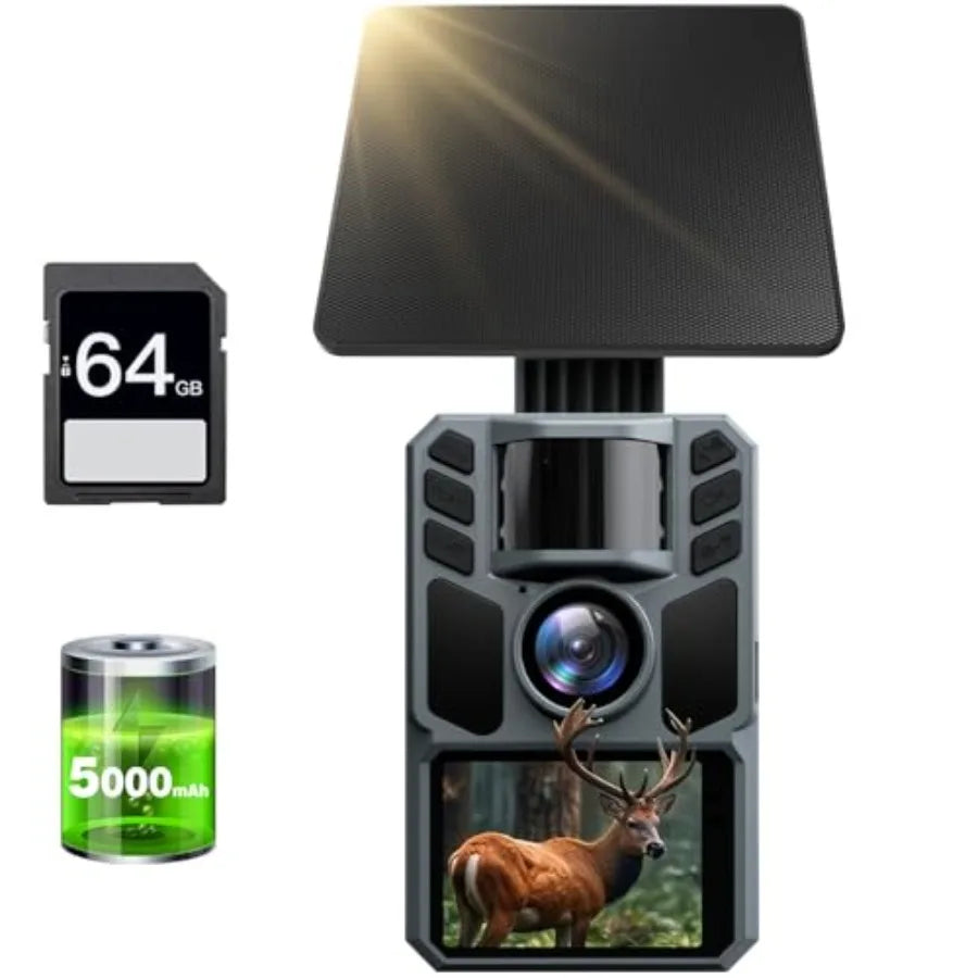 Trail Camera for wildlife hunting: solar-powered 4K 64MP with 5000mAh battery, 64GB SD card, IP67 waterproof housing, black alu