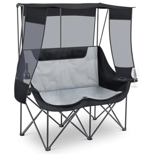Double Camping Chair with Canopy Shade 660lbs Heavy Duty Beach Chair Portable Folding 2 Person Camping Loveseat with Cup Holder