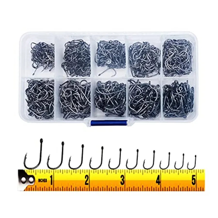 Fishing application, high-carbon steel, silver, 300PCS barbed hooks with holes in 10 sizes, portable boxed, adaptable to variou