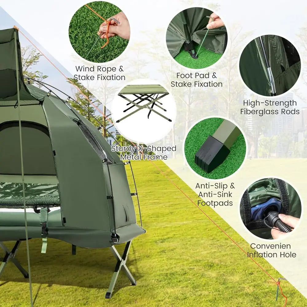 5-in-1 Camping Tent Cot Folding Bed with Air Mattress Pillow Sleeping Bag Waterproof Shelter Carry Bag for Picnic Trip