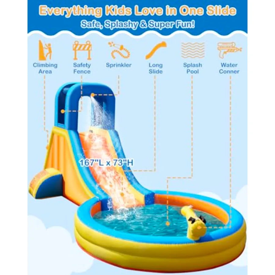 Iatable Water Slide for 5-in-1 Blow Up Bounce House with Long Slide, Climbing Wall, Splash Pool, Water Cannon, Spray Water Spou