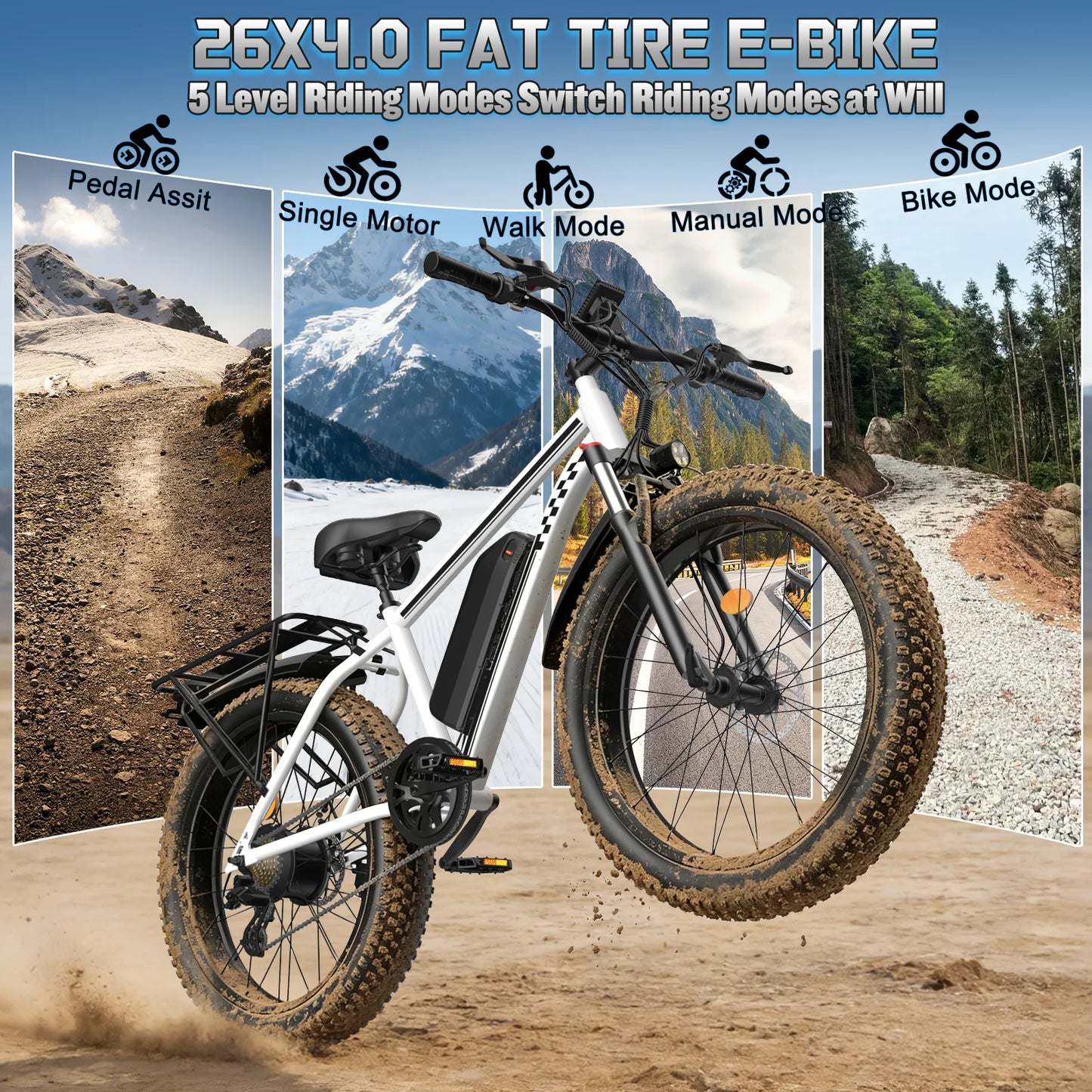 OBX Electric Bike for Adults 1500W Peak Motor 31MPH Fast Speed 48V 15Ah Battery 26" Fat Tire Mountain Ebike 360lbs Max Load Aluminum
