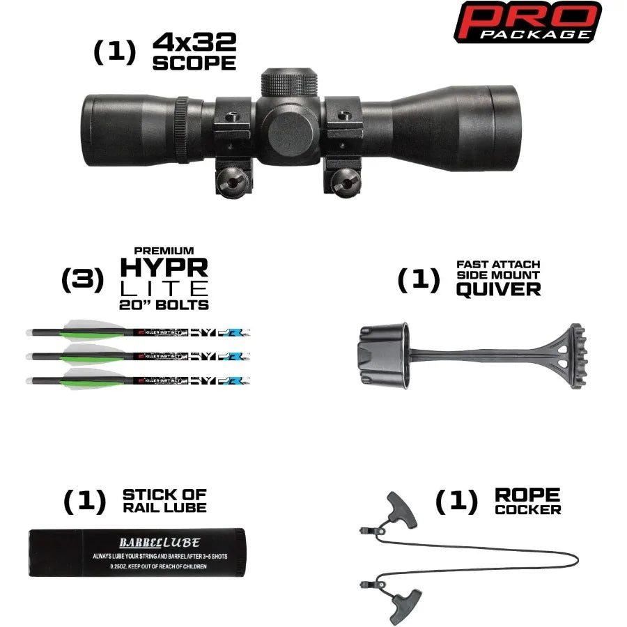 Killer Instinct Lethal 405 Crossbow Pro Package with 4 x 32 Non-Illuminated Scope Rope Cocker String Suppressors 3-Bolt Quiver