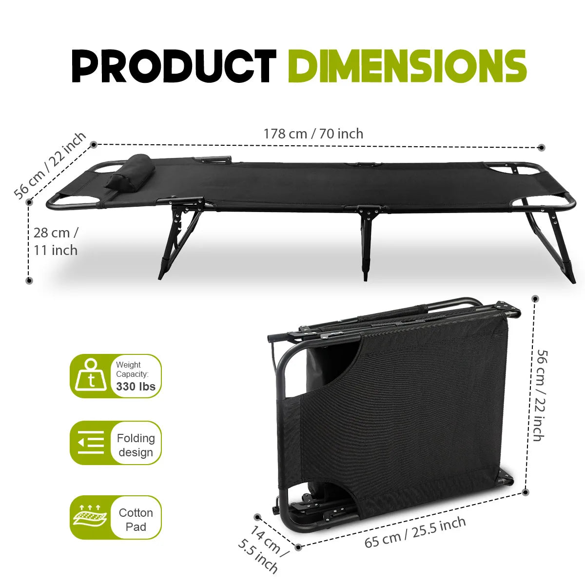 56cm Adjustable Folding Camping Lounge Chair with Removable Soft Cushion, 3 Position Reclining Portable Beach Tanning Chair, Heavy Duty 330 LBS Fold Up Outdoor Chaise Lounge for Pool Patio Office Napping Indoor & Backyard