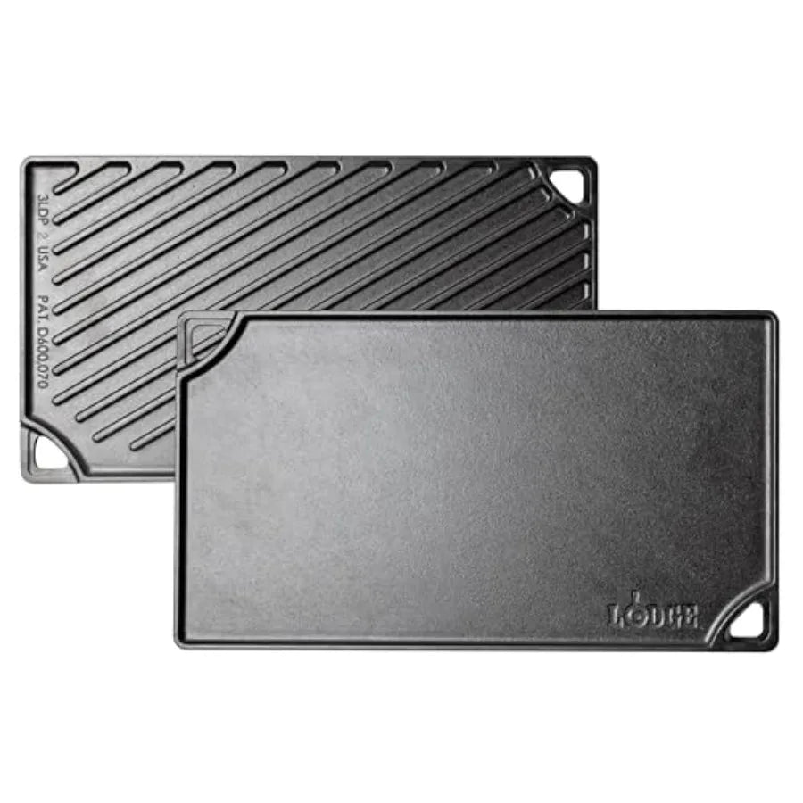 Reversible Cast Iron Grill/Griddle Pan 16.75 x 9.5 - Pre-Seasoned Dual-Sided Double Burner for BBQ, Eggs, Pancakes, Burgers - P