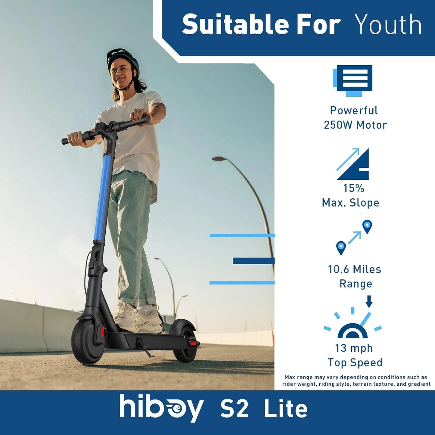 Hiboy S2 Lite Electric Scooter for Teens, 250W Rated 350W Peak Motor, 13 MPH Speed, 10.6 Miles Range, 23.2 lb Lightweight Foldable Design, Dual Brakes, 6.5" Solid Tires, 4-Light Safety System