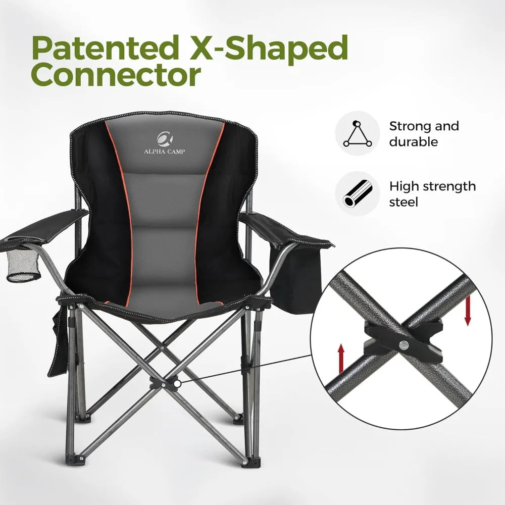 Heavy Duty Camping Chair 500LBS Capacity, Oversized Folding Chair for Heavy People, Padded Portable Outdoor Chair with Cooler Bag & Cup Holder for Camping, Fishing, Beach