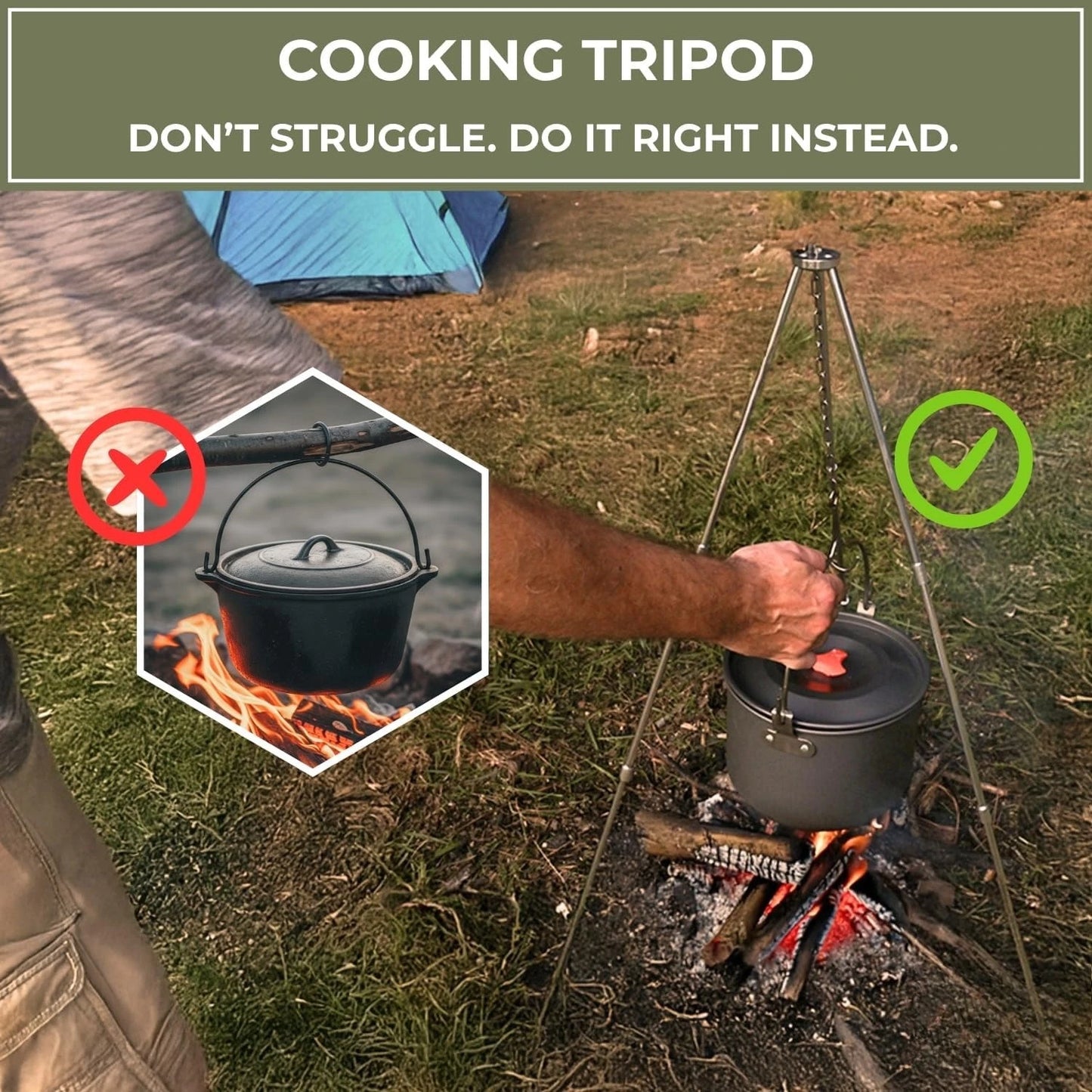 Open Fire Compatible 33 Inch Camping Tripod Foldable Stainless Steel Cooking Stand With Adjustable Chain Compact Bushcraft Gear For Fire Pit BBQ Backpacking Picnic Hanging Cookware