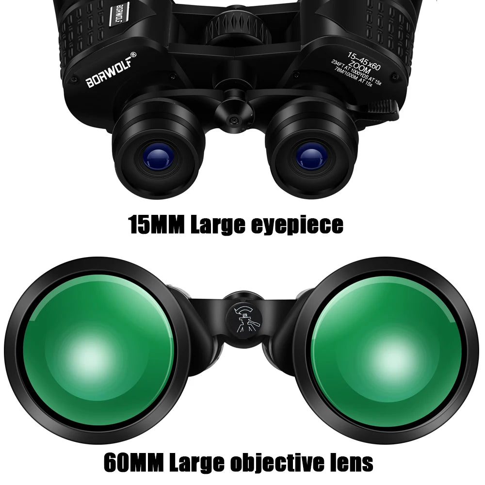 BORWOLF 15-45X60 Binoculars Telescope HD Light Night Vision Bak4 Prism Professional Zoom Powerful for Hunting Bird Watching