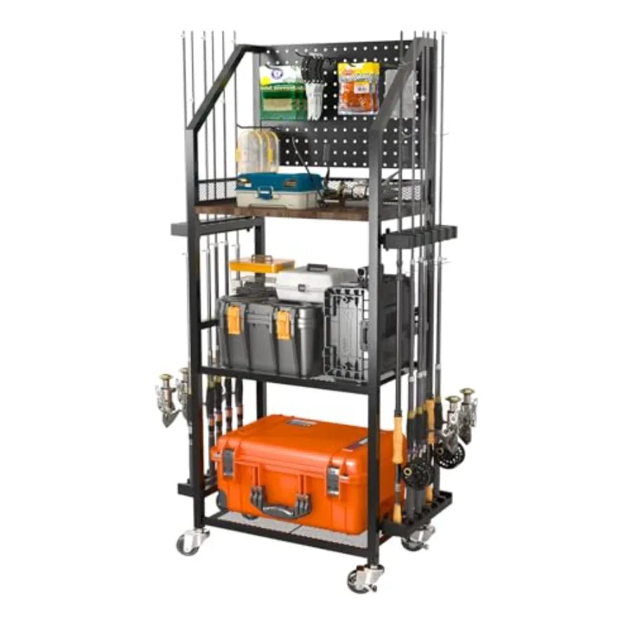 Fishing Rod Holders for Garage Fishing Pole Holders Up to 12 Rods with Pegboard and Hooks Rolling Fishing Cart with Wheels Fish