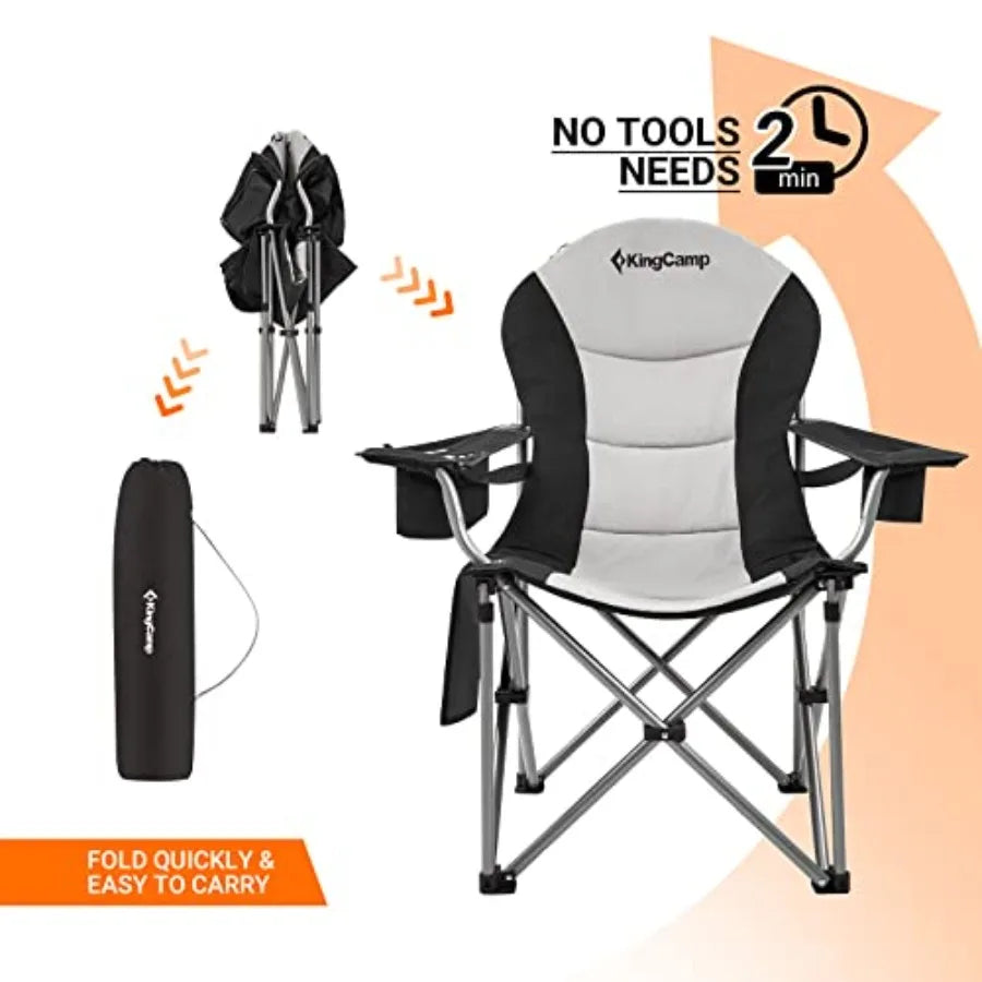 Folding Portable Camping Chairs Padded Quad Arm Chair with Cooler Bag, Cup Holder and Side Pocket, Heavy Duty Supports 300 lbs