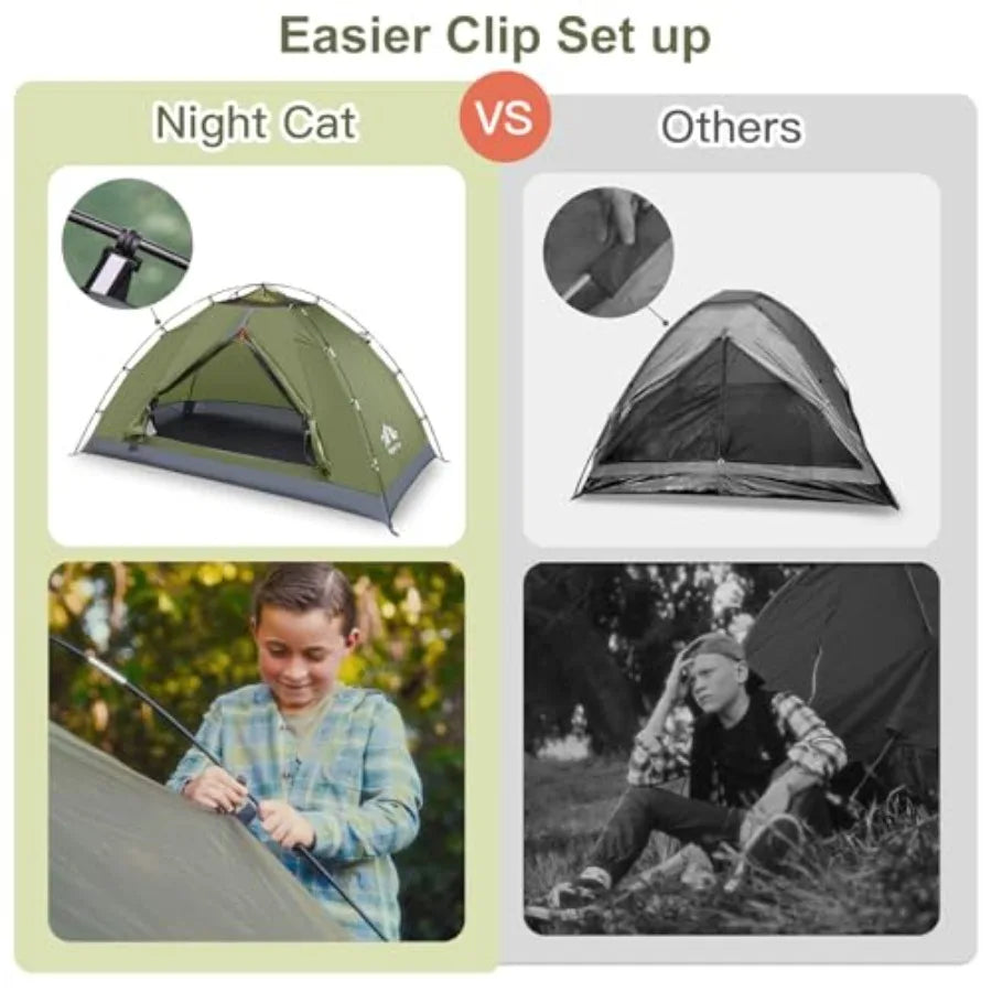 Backpacking tent for 1-2 persons, polyester fabric, gray color, quick-clipping setup and heavy rainproof design
