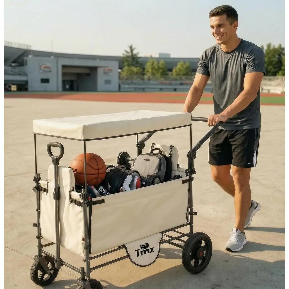 Collapsible Wagon Cart with Side-Opening Seat Conversion Design, oldable Utility Wagon with 2 Seats, Heavy Duty Wagon 265 lbs Lo