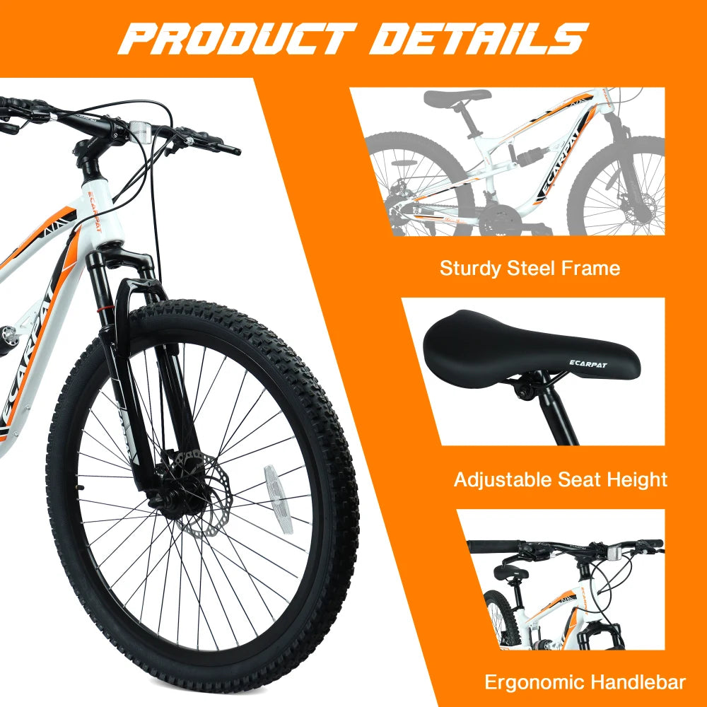 26 Inch Mountain Bike with 21-Speeds & Full Suspension Steel Frame, Alloy Rims, Disc Brakes For All Terrains, Men & Women, Multiple Colors