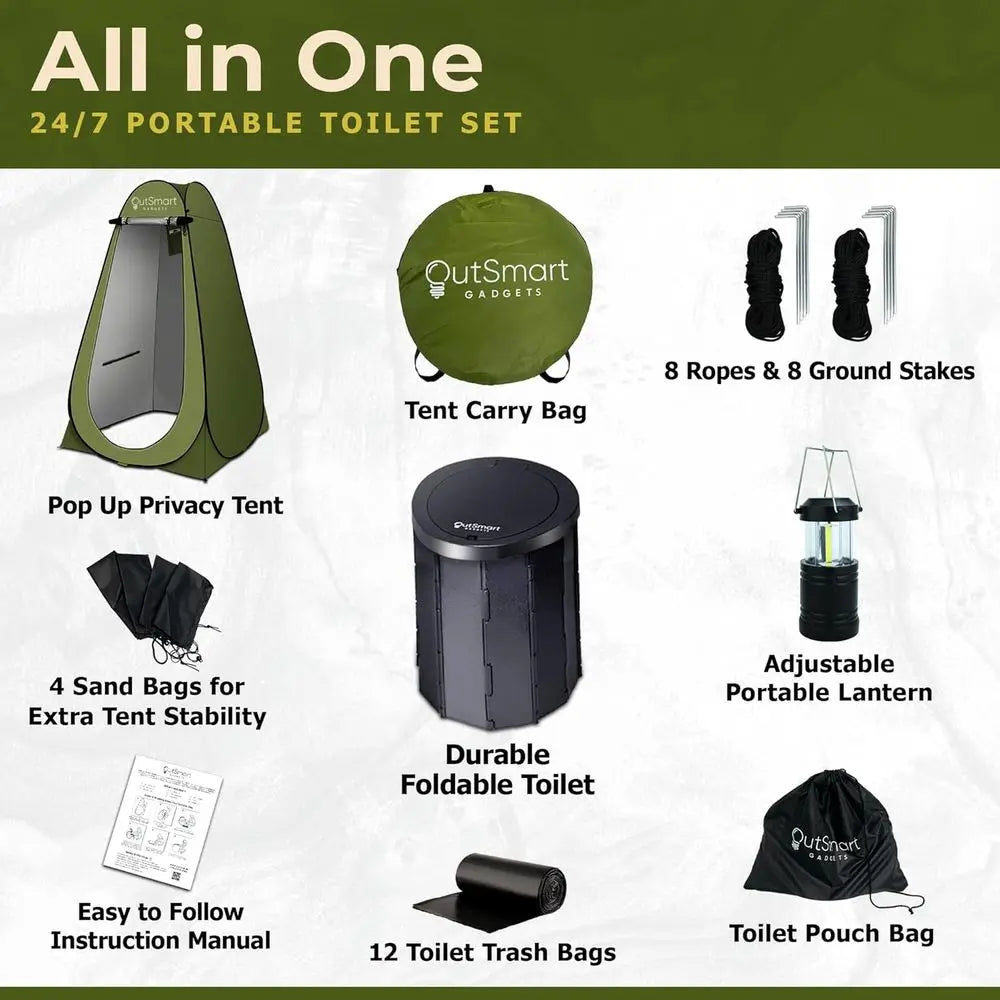 Outdoor Portable Toilet Set for Adults with Camping Night Lantern, Folding XL Toilet, Pop Up Privacy Tent and Carry Bags, Multip