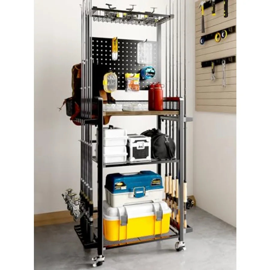 Fishing Rod Holder Rotating Fishing Pole Holders for Garage 12- Rod Storage Cart with Pegboard for Fishing Gear Equipment and T