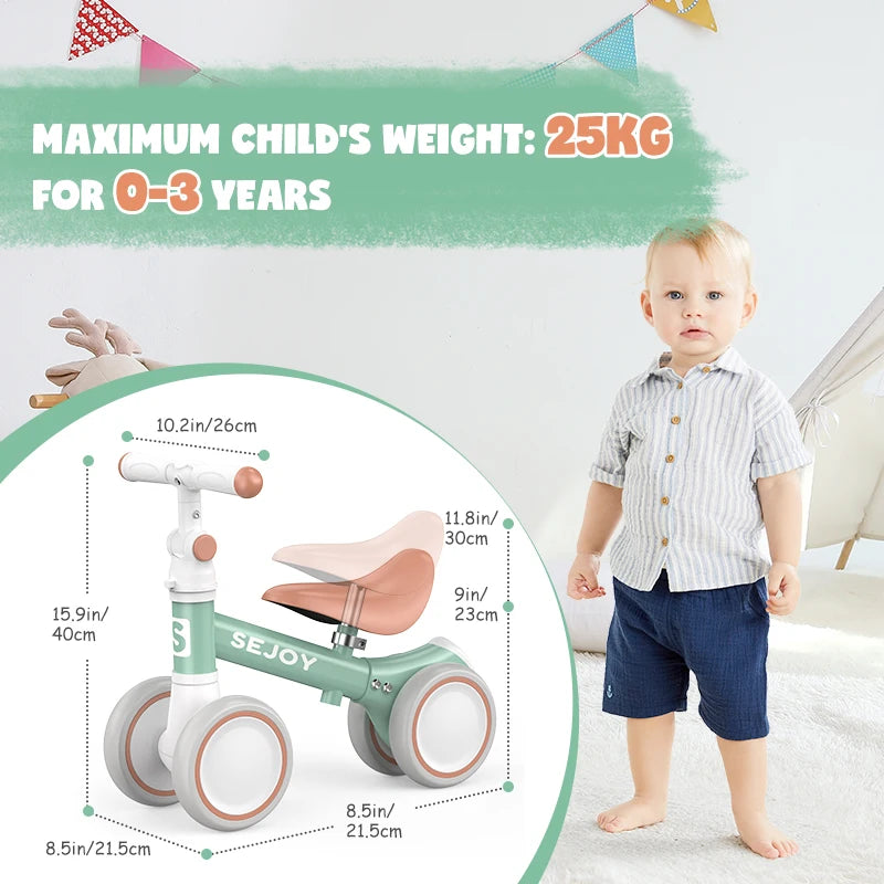 SEJOY Baby Balance Bike, 4-Wheel Ride-On Toy for Ages 12-36 Months – First Bike & Toddler Bike for 1 Year Old Boys & Girls, First Birthday Gift