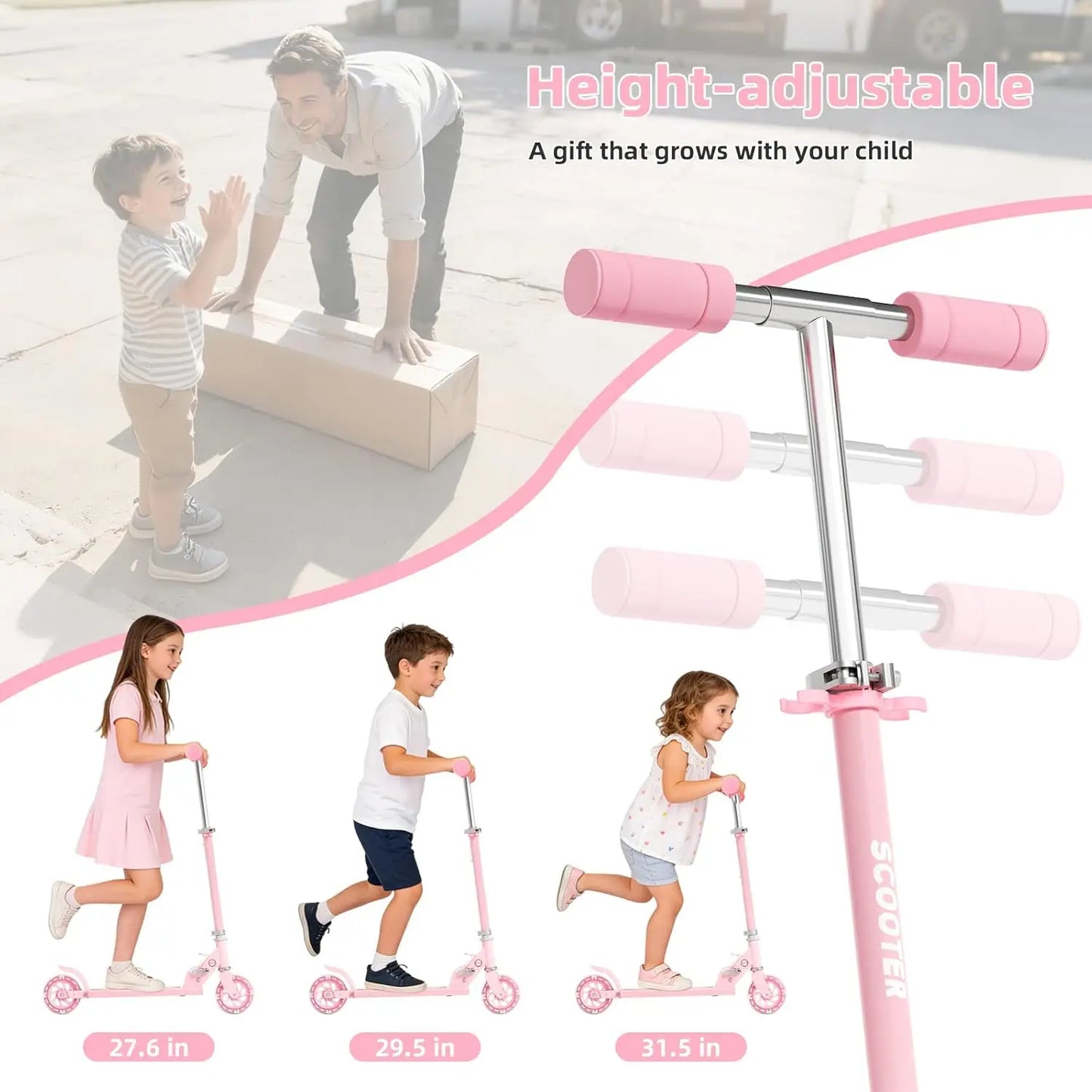 Lightweight Foldable Kick Scooter for Boys Girls Ages 3-8, Two Wheel Scooter Equipped with 3-Level Adjustable Handlebar, Rear Brake & Light-Up ABEC-10 Wheels, Suitable for Kids and Teens Outdoor Sports