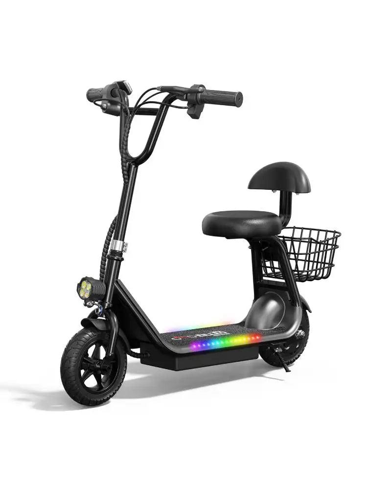 Spacewalk Kids Electric Scooter with Bluetooth Speaker Foldable Design Seat Carry Basket LED Light Strip 11MPH Speed 132lbs Max