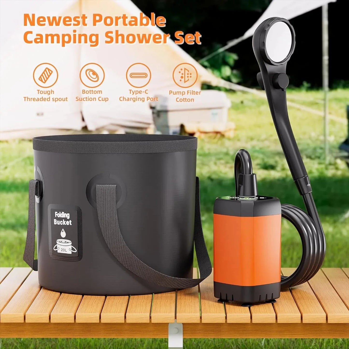 Upgrade 6000mAh Rechargeable Portable Camping Shower, 5 Gallon Collapsible Bucket, LED Display, Multiple Spray Modes, Hiking