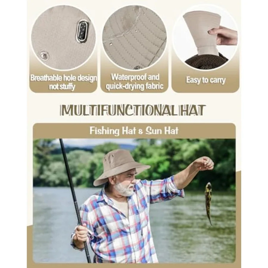 2 Pcs Men's Fishing Vest Sun Hat Multi Pocket Safari Vest for Outdoor Hiking Summer Travel