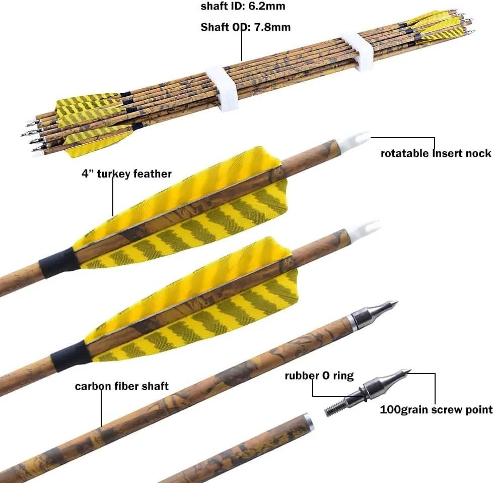 12pcs Archery Arrows 31.5 Inch Spine 500 Mixed Carbon with 4 Inch Turkey Feathers 100 Grain Tips for Compound Recurve Bow Outdoor Hunting