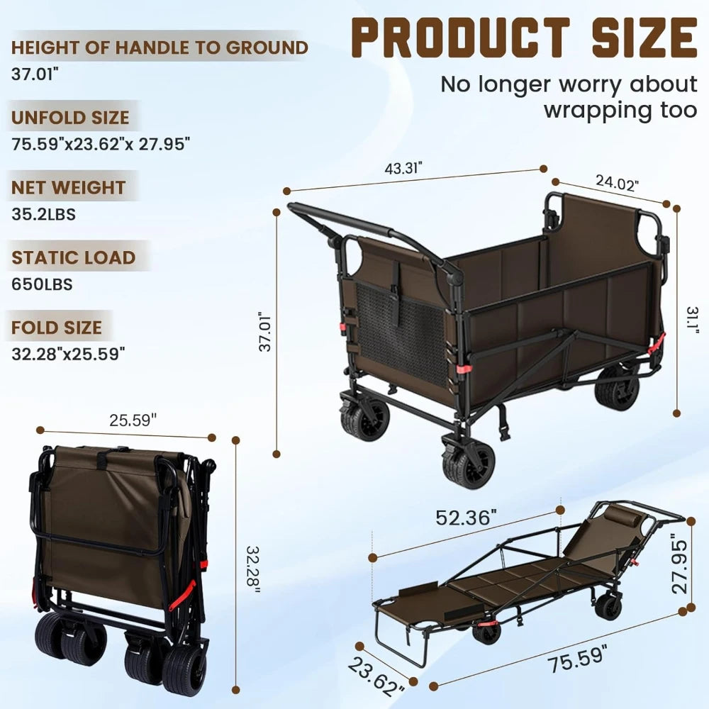 Heavy Duty 2 In 1 Collapsible Folding Wagon 650LB Load All Terrain Brake Wheels Side Pockets For Outdoor Transport