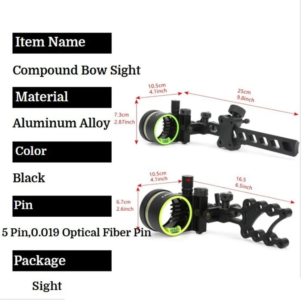 Archery 0.019'' Fiber Optic Adjust 5 Pin Compound Bow Sight  Alloy Portable for Bows Outdoor Shooting Right Handed Accessories