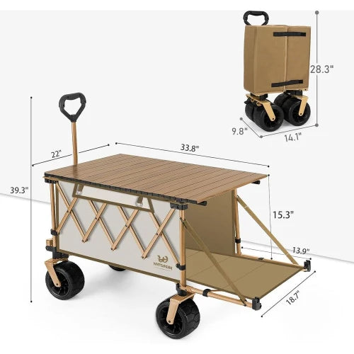 Collapsible olding Wagon with Table,Heavy Duty Utility Beach Wagons with Opened Taiate and All-Terrain Wheels or Camping,Garden,