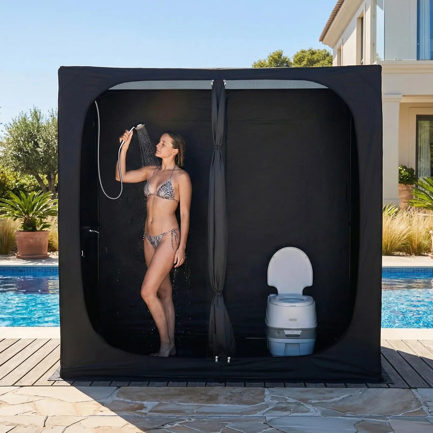 Portable Pop-Up Shower Tent With Floor Dual Doors Privacy Shelter For Camping Beach Changing Toilet