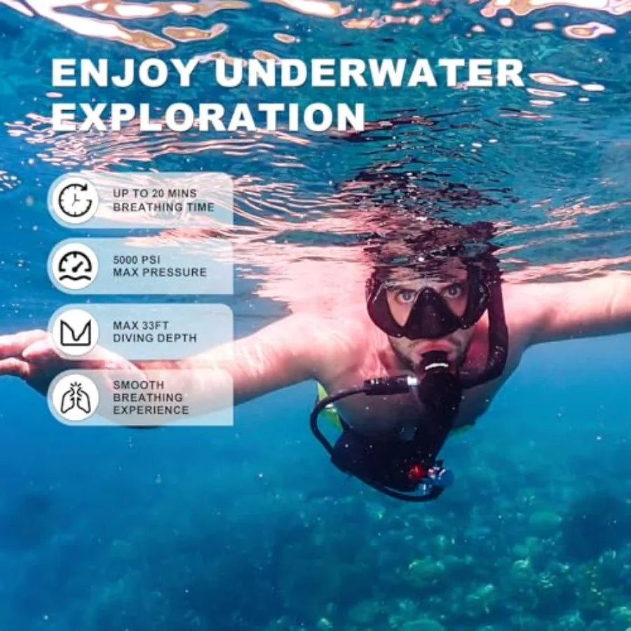 Mini scuba tank for snorkeling and shallow diving, aluminum alloy, black, 1L capacity with integrated snorkel mask, 15-20 min a