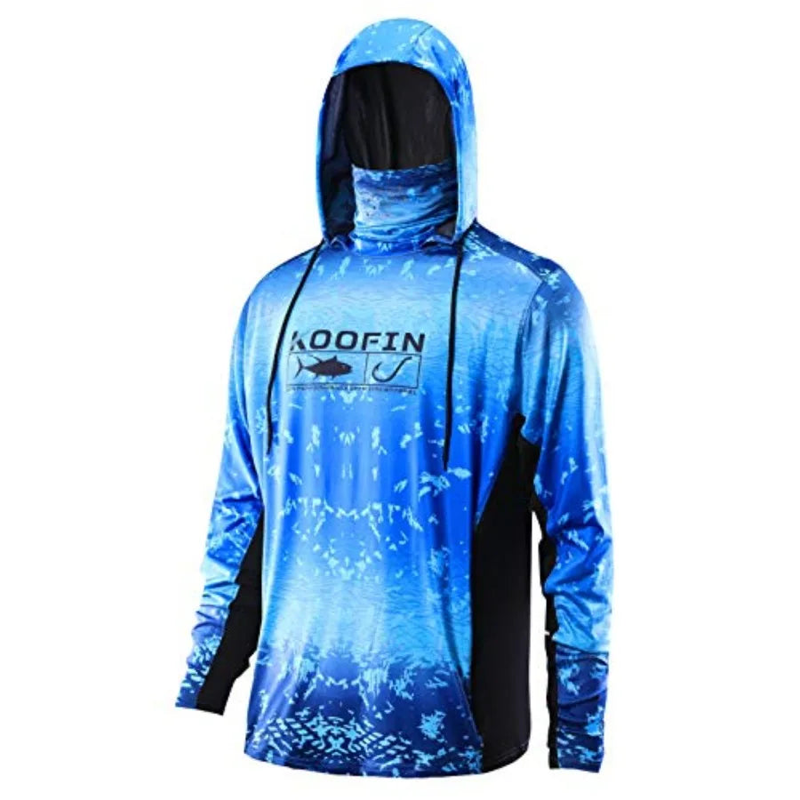 Performance Fishing Hoodie with Face Mask UPF50 Sunblock Shirt Hooded Long Sleeve with Drawstrings Pocket