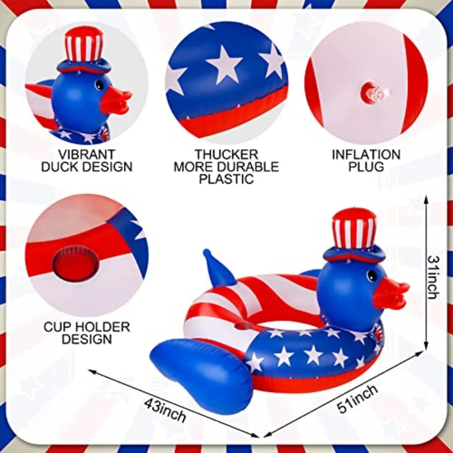2 Pack Giant Duck Patriotic Pool Floats for 4th of July Red White Blue Inflatable Swim Tubes American Flag Design PVC Material