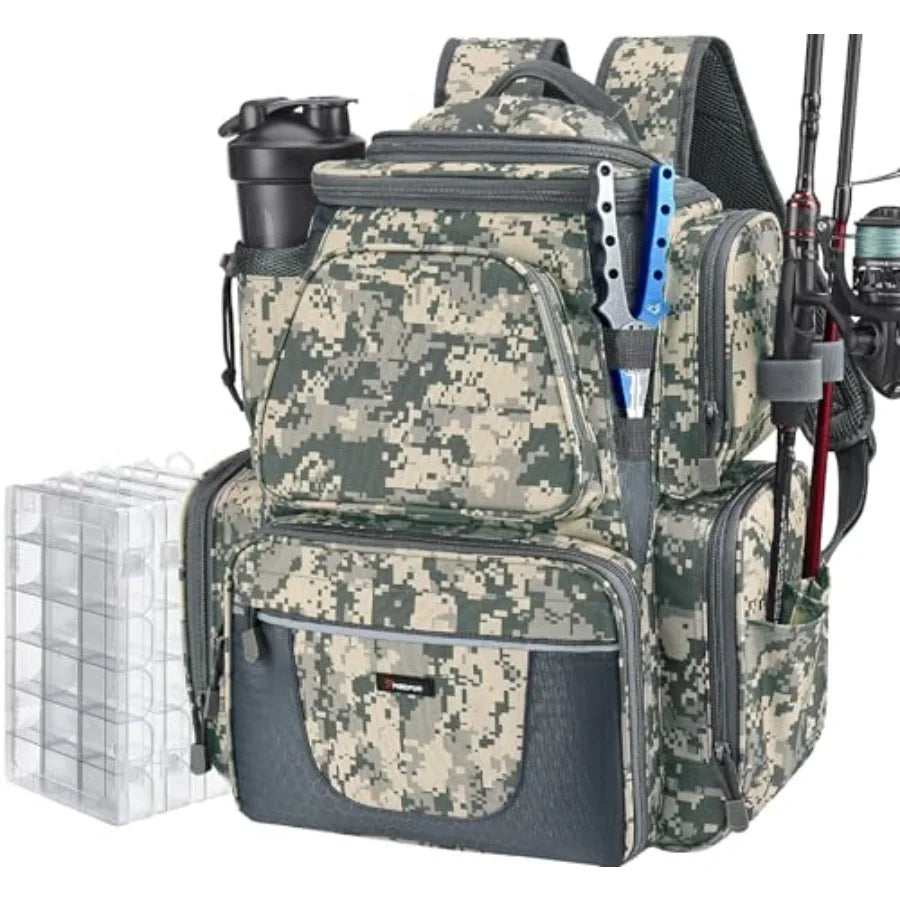 Fishing Backpack with 2 Rod Holders and 4 Tackle Boxes, Large Tackle Storage Bag With Rain Cover for Fishing Gear