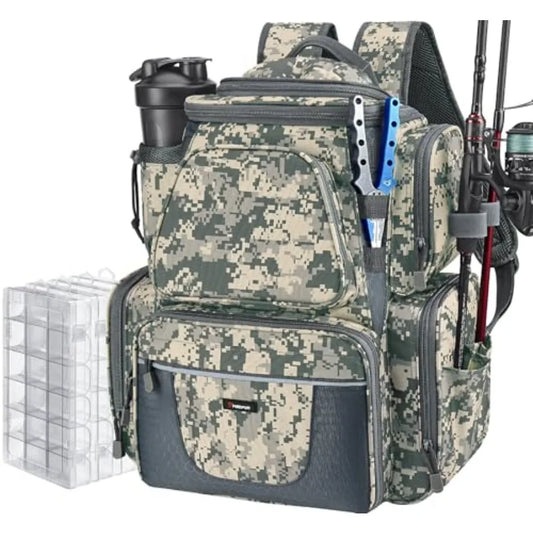 Fishing Backpack with 2 Rod Holders and 4 Tackle Boxes, Large Tackle Storage Bag With Rain Cover for Fishing Gear