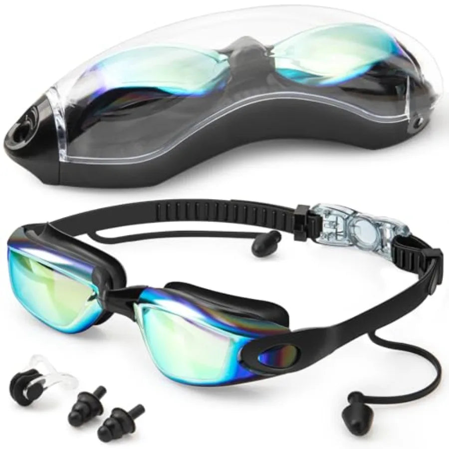 Swim Goggles, Swimming Goggles No Leaking Anti Fog UV Full Protection with Nose Clip Earplugs, Swim Pool Goggles for Adult Men