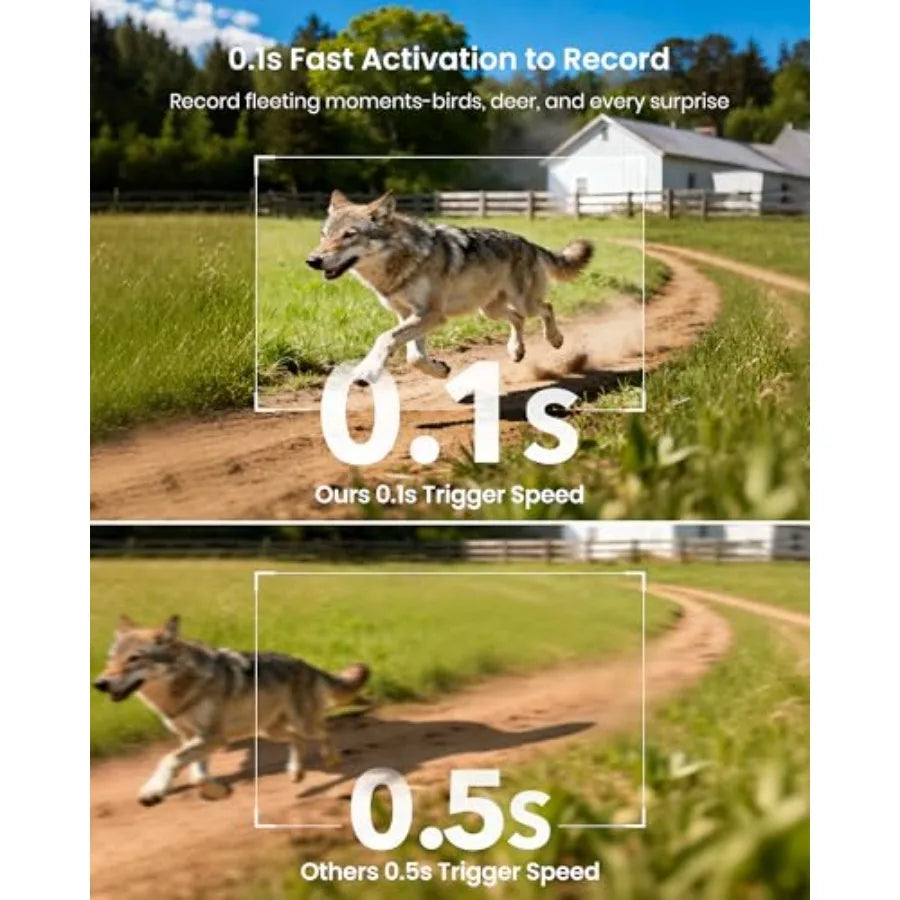 Outdoor wildlife monitoring solar trail camera with 4K UHD resolution, 64MP sensor, black IP66 housing, 0.1s motion activation,