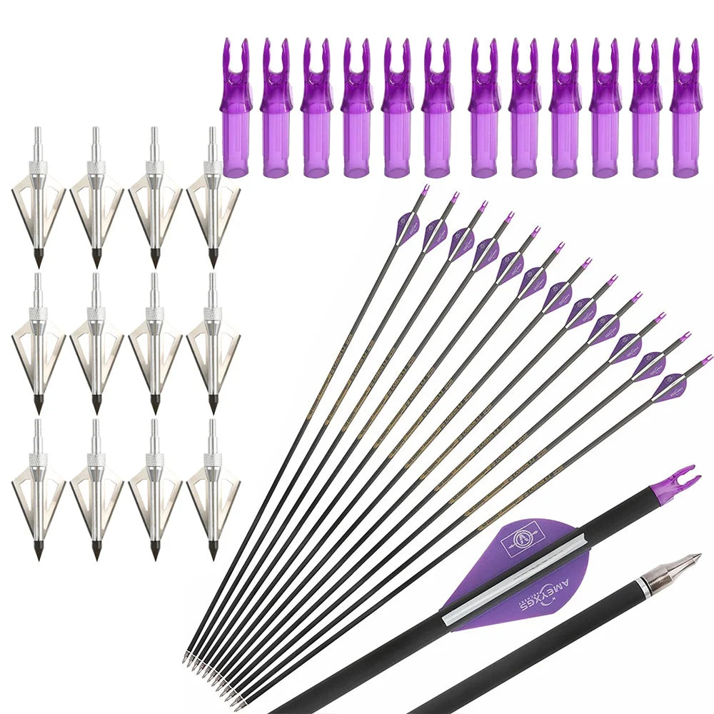 Carbon Arrows 12pcs 30'' SP300-400 ID6.2mm with 12pcs 100 Grain Broadheads and 12pcs Arrow Nocks for Compound Bow Hunting Target