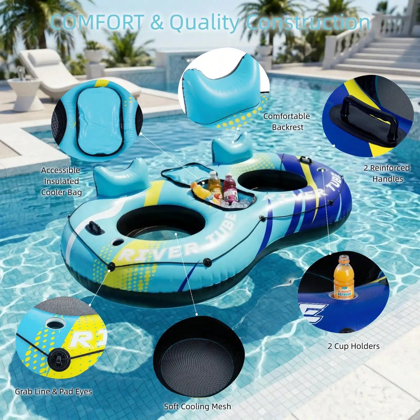 2-Person Inflatable River Tube Float With Built-In Storage Bag For Ice, Double Pool Lounge Chair With Backrest & Cup Holders, Breathable Water Floating Raft For Pool Lake Beach Summer Water Party, 2 Pattern Options., Pool Inf