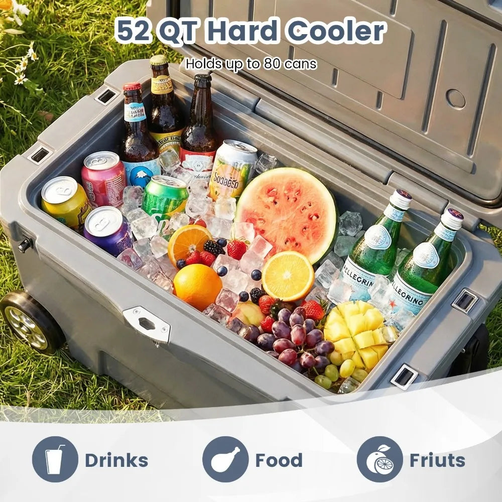 52 Quart Portable Hard Cooler 6-Day Ice Retention Wheels Gray Chest Outdoor Box