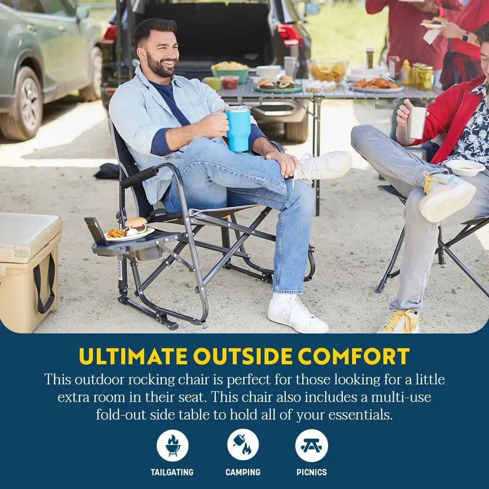 OUTDOOR Freestyle Rocker XL with Side Table Camping Chair | Portable Folding Rocking Chair with Solid, Durable Armrests, Drink Holder & Comfortable Backrest — Red