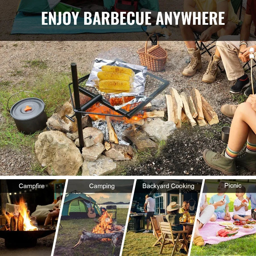 Swivel Campfire Grill for Fire Pits Heavy Duty Steel 360 Adjustable Outdoor Cooking Grate Portable Camp Fire Rack in Black Dura