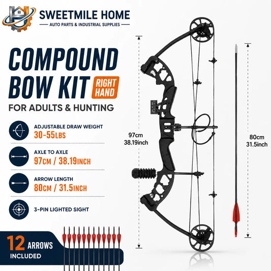 Right Hand Compound Bow and Archery Bow Kit for Adults, 30-55lbs Adjustable Draw Weight Hunting Bow Set with 3-Pin Lighted Sight and 12 Arrows