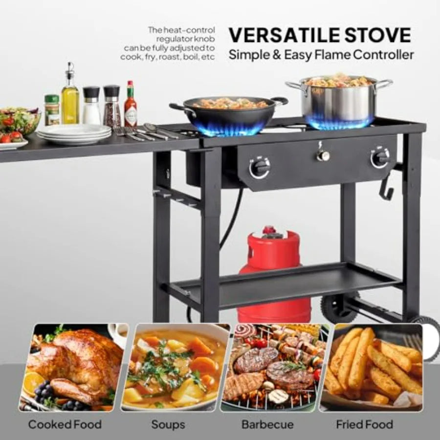 Outdoor propane stove for backyard patio cooking BBQ, stainless steel, black, 150, 000 BTU with auto ignition, work station, wh
