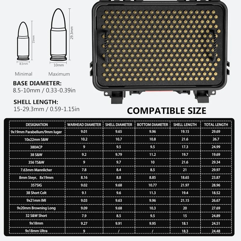 Waterproof Ammo Storage Case for 9mm, 380ACP, 38 S&W, 356 TS&W, 7.63mm Mannlicher, 8mm Steyr